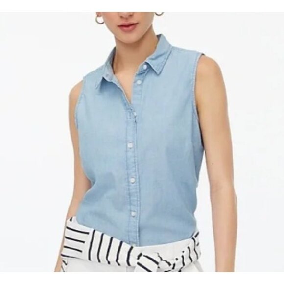 J. Crew Factory Tops - J.Crew Women's M Sleeveless Perfect Fit Button Up Shirt Denim Chambray Blue NWT